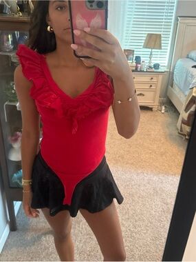 Red Ruffled V-Neck Bodysuit - Women